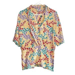 Vintage 100% Silk Print Blouse Colorful Retro Button Up